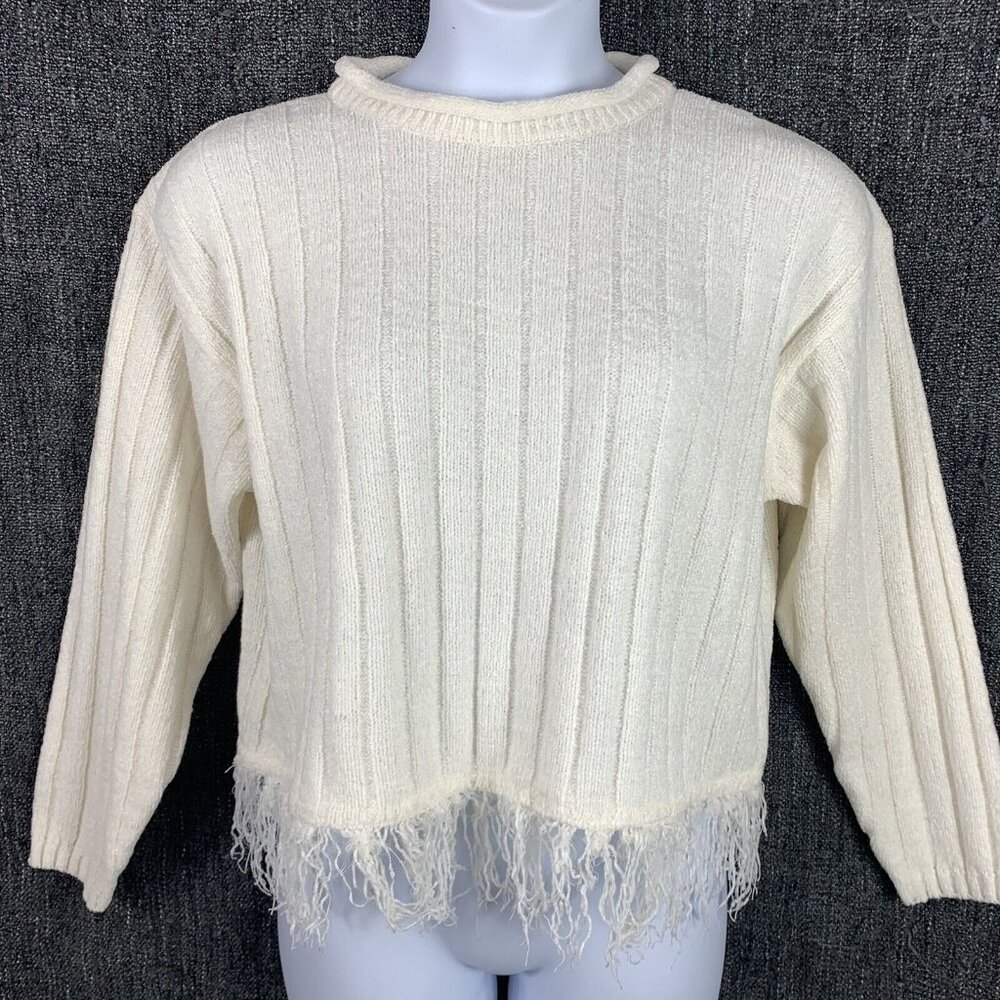 VTG Size Large Sweater Cropped Long Sleeve Fringe Hem Cream Mock Neck Mainframe